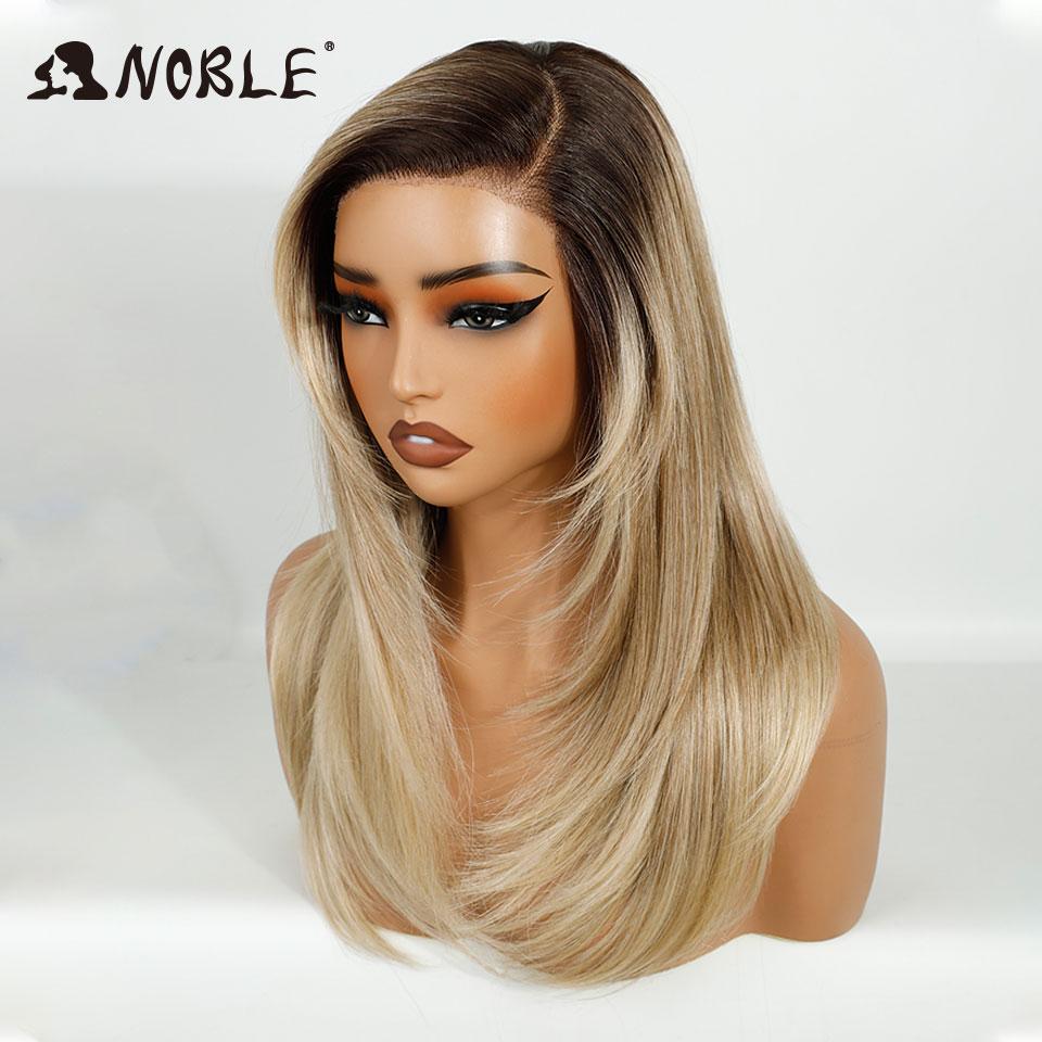 Noble Straight Synthetic Lace Front Wigs For Women Side Part Lace Wig Pre Plucked Layered Wig Ombre Blonde White Cosplay Wig