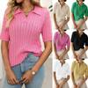 Summer Women's Short Sleeve Lapel Stranded Flower V-Neck Knitted Pullover Sweater