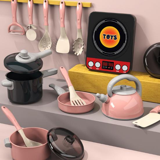 Игрушки для ролевых игр Индукционная плита Кухонный игровой набор с реалистичными звуками готовки Посуда Столовые приборы Набор продуктов для детей 3+ Образовательный подарок
