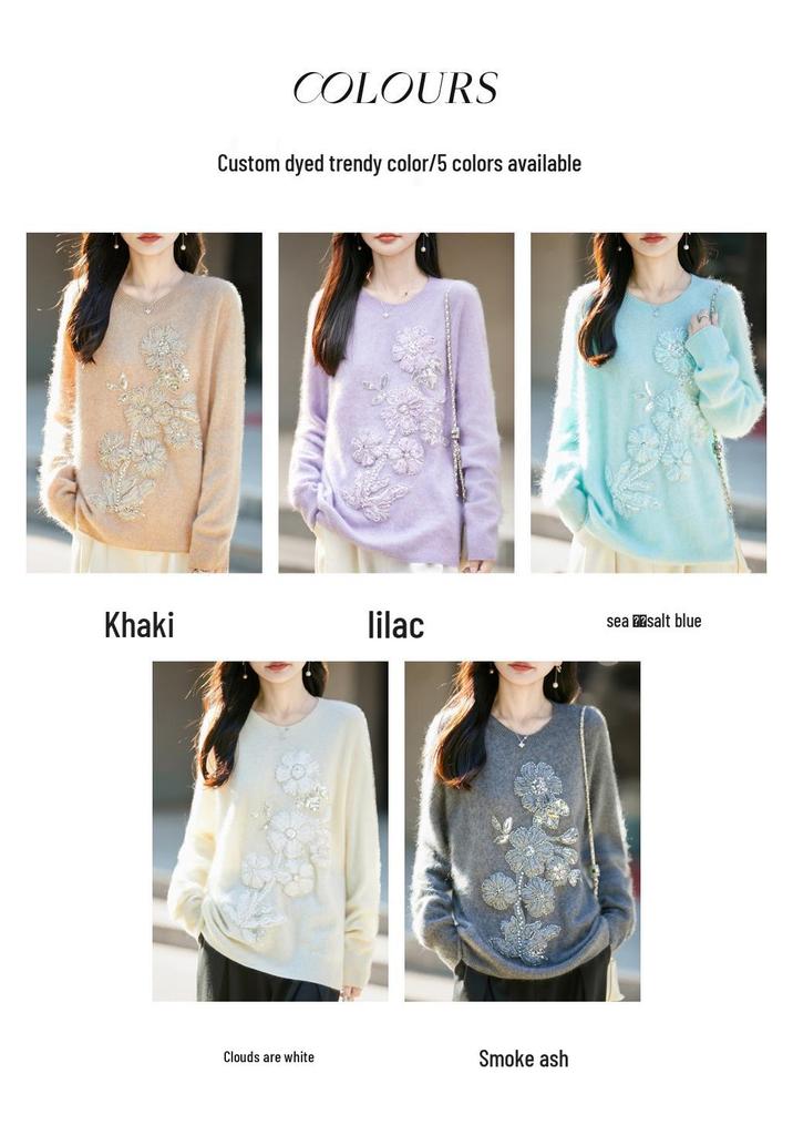 2026 A/W Women's Cashmere Wool Round Neck 3D Flower Knit Sweater