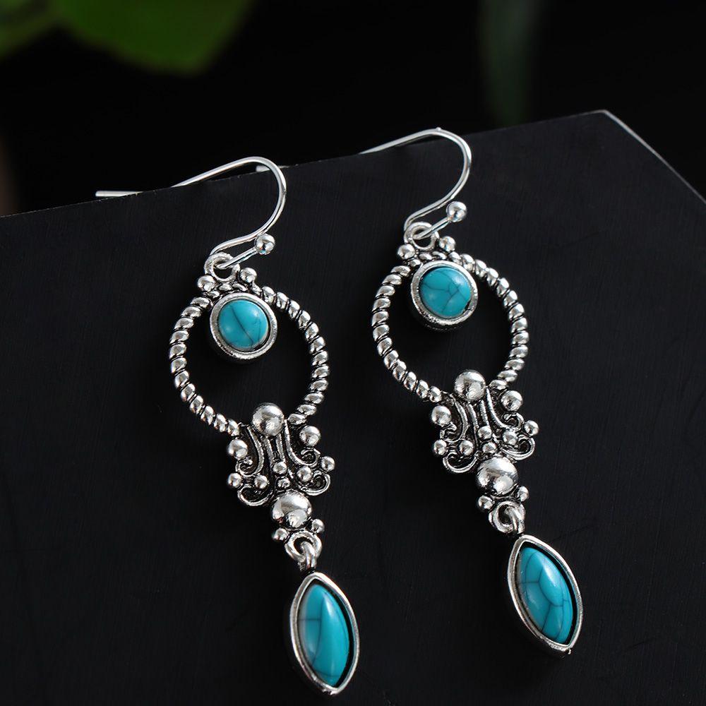 Свадебные Серьги-подвески с крючком Подарок Натуральный камень Кулон Бирюза Драгоценный камень Ретро Тайское серебро