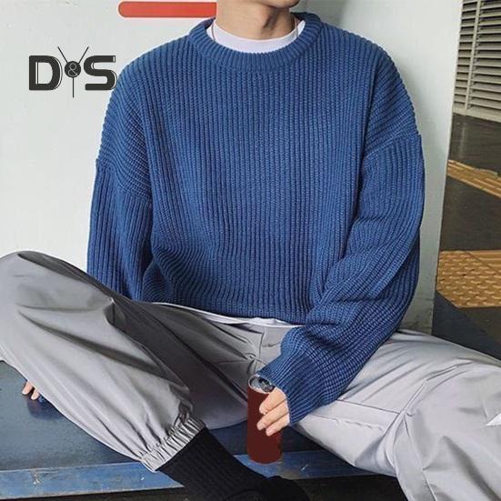 Корейский стиль осень зима мужской свитер-пуловер с круглым вырезом длинный рукав однотонный свободный крой трикотажные топы уличная одежда