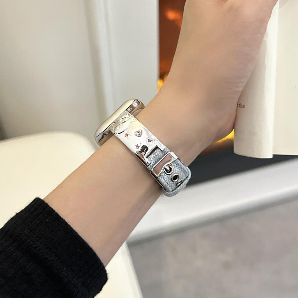 Джинсовый кожаный ремешок в кошачьем стиле для Apple Watch Series 11, SE, iWatch 109876, Huawei GT6, Xiaomi 9PRO