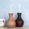 Hollow Wood Grain Aromatherapy Essential Oil Diffuser, 7-color LED Light 130ml Vase Air Humidifier