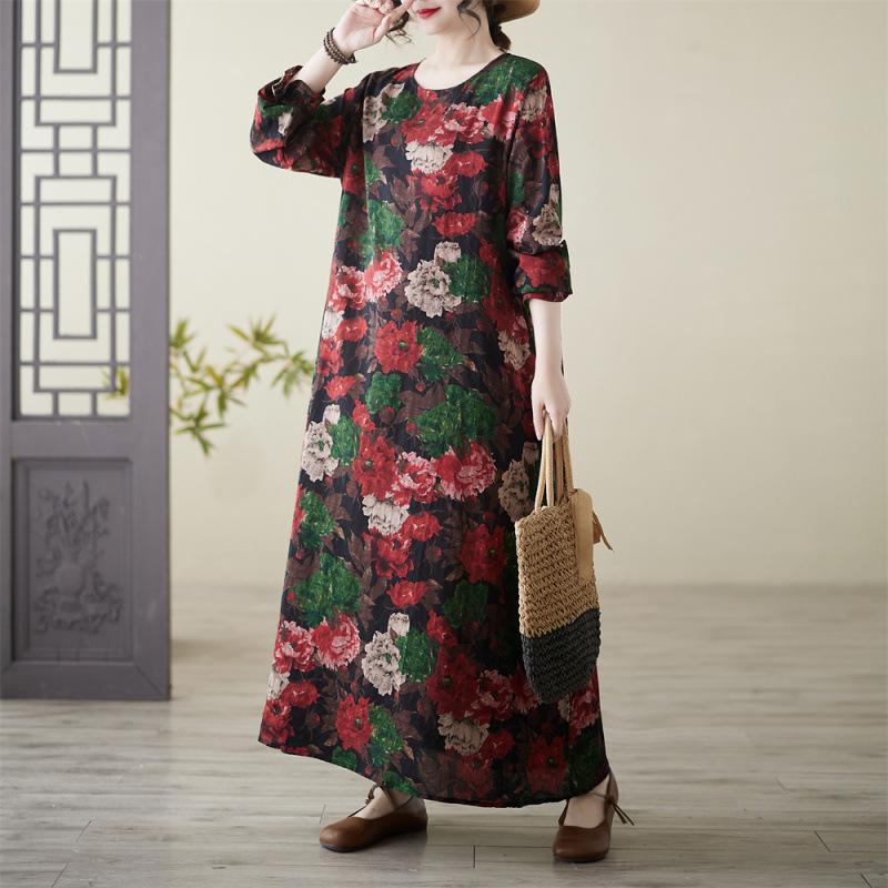 Весеннее литературное платье больших размеров с принтом, круглым вырезом и длинными рукавами для женщин