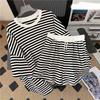 Women's Spring and Summer Round Neck Striped Casual T-shirt + Sports Shorts Two Sets