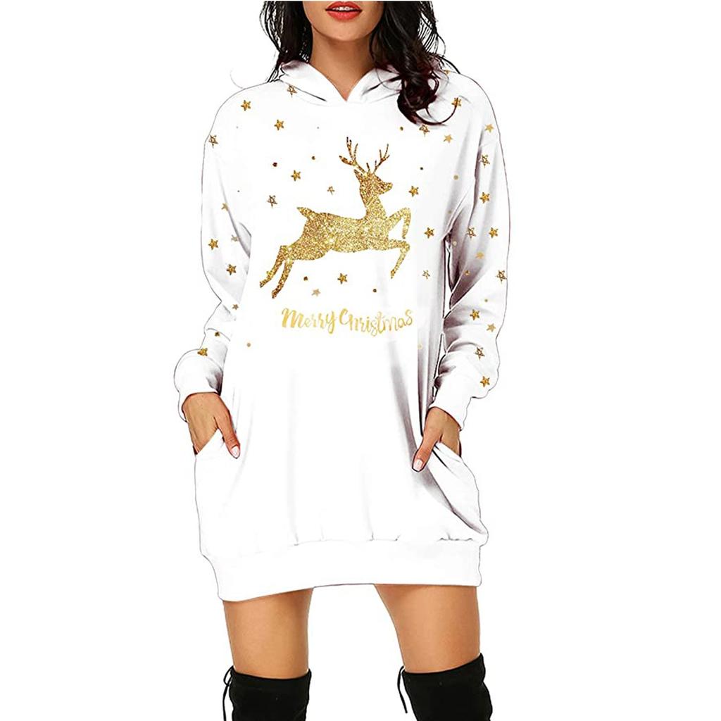 Women's Fashion Christmas Hip Pocket Print Hoodie Fashion Dress
