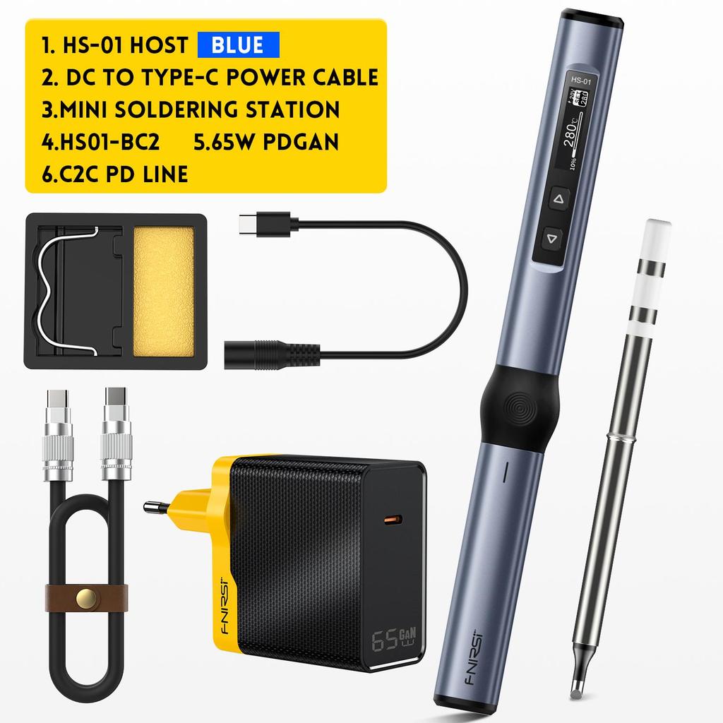 FNIRSI HS-01 Умный электрический паяльник PD 65 Вт, регулируемая постоянная температура, быстрый нагрев, портативная паяльная станция, комплект