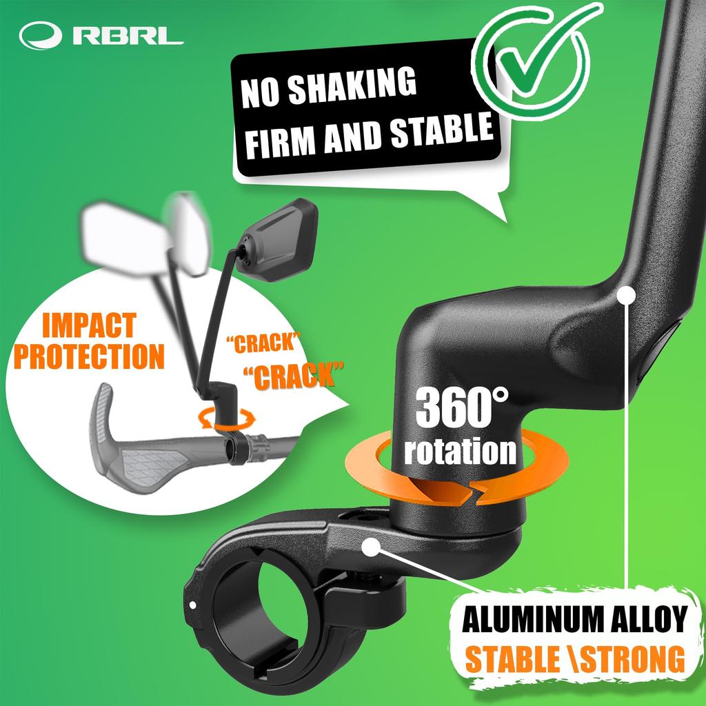 RBRL Folding Aluminum Alloy Bicycle Handlebar and HD Glass Electric Bicycle Rearview Mirror Mirror, Mount, Anti-Vibration Shatter-Resistant,