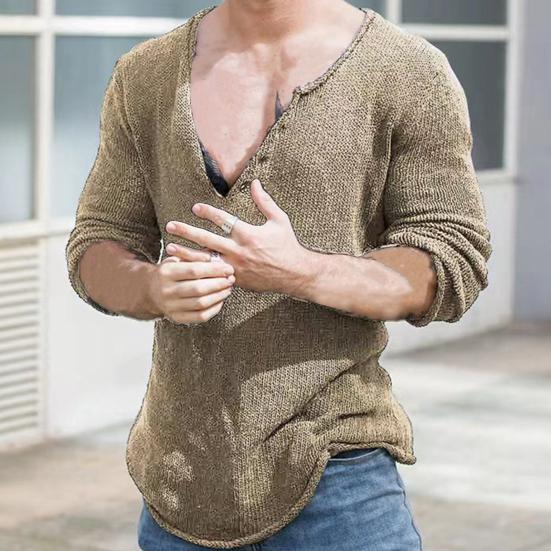 Мужской осенний свитер с длинным рукавом, V-образным вырезом, повседневный эластичный пуловер для ежедневной носки, трикотаж, свободный свитер-поддева, мужская одежда