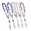 Glass Pearl Beads Rosary Bracelet Catholic Cross Pendant Finger Chain Religious Jewelry for Women Prayer Communion Gift