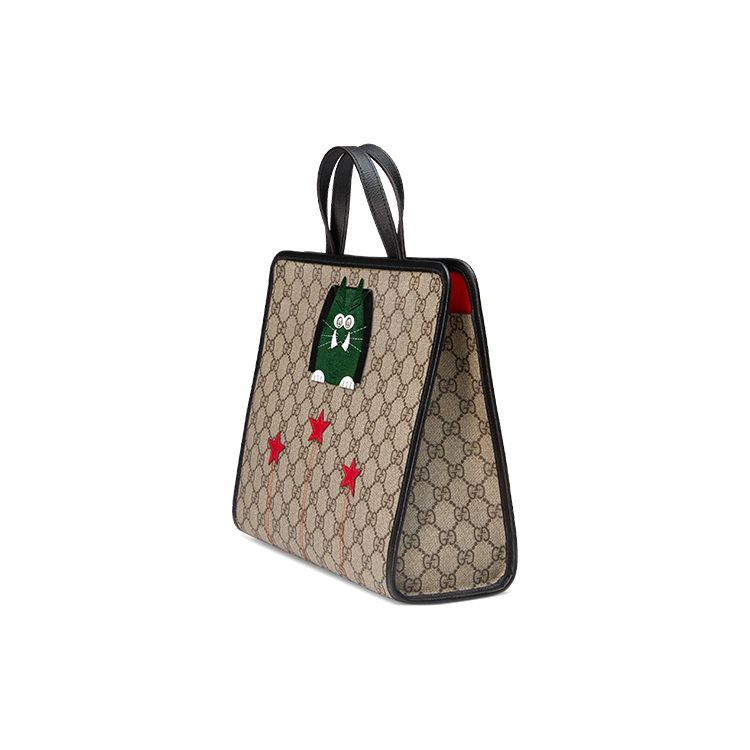 Gucci GG Supreme Cat Embroidery Tote Bag, Green Cat Embroidery Star Pattern Shoulder Bag, Kids Casual Daily Work Travel Handbag 645290-KWZBN-9777