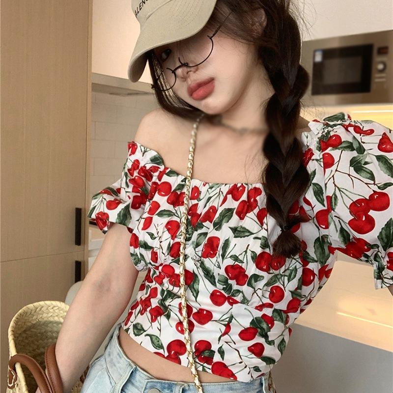 Короткий топ с высокой талией для девочек, женская дизайнерская нишевая летняя рубашка с пышными рукавами и квадратным вырезом с цветочным принтом