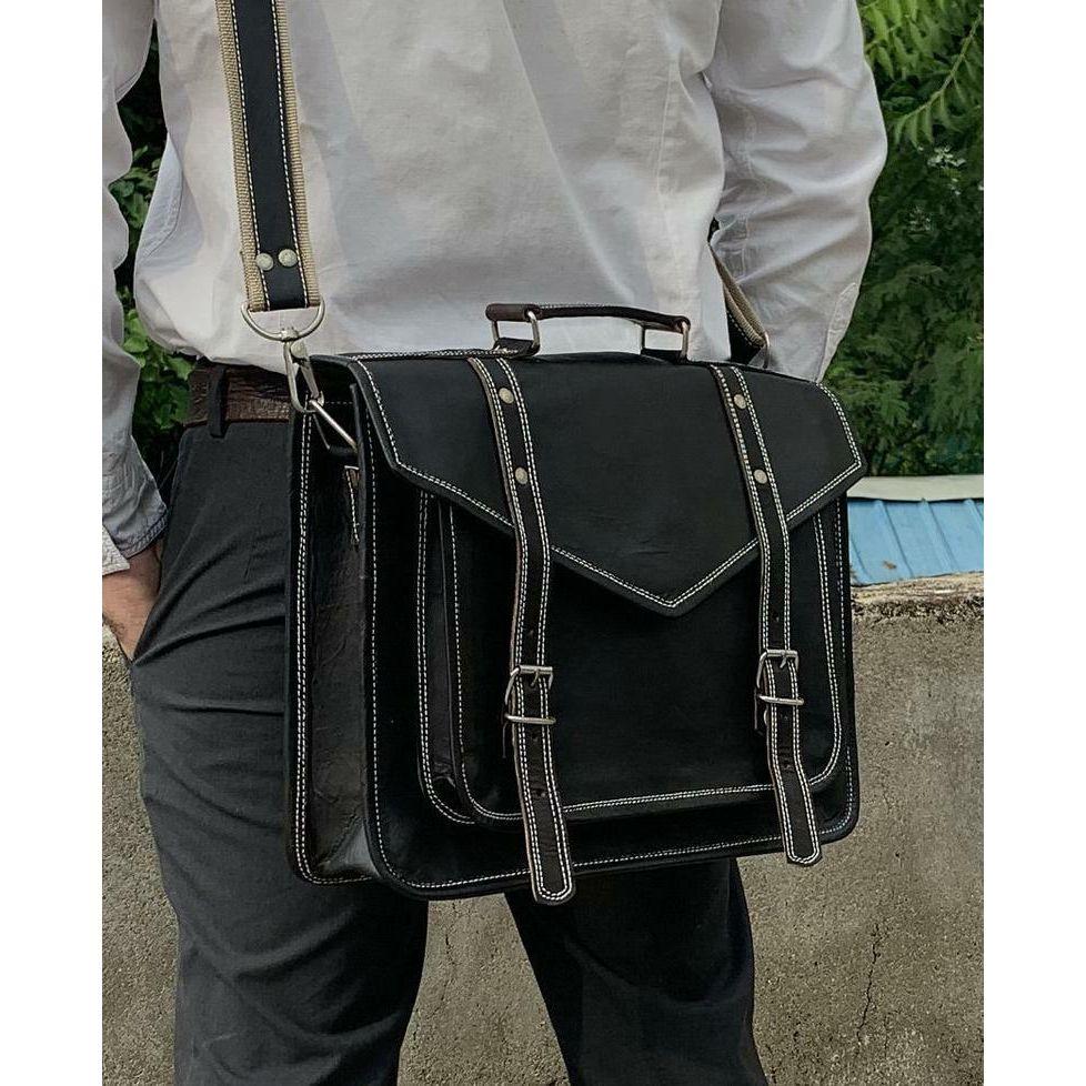 Vintage Black Leather Messenger Satchel Briefcase Shoulder Office Bag Backpack