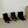 Pointed Short Boots Women's 2025 Autumn and Winter New Suede Leopard Print Splicing Elastic Thin Boots European and American Thin High-heeled Shor