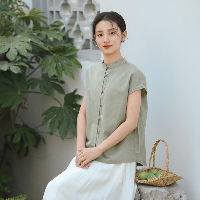Deer and Andi summer new cotton and linen short-sleeved shirt women's new Chinese linen shirt thin breathable top wholesale