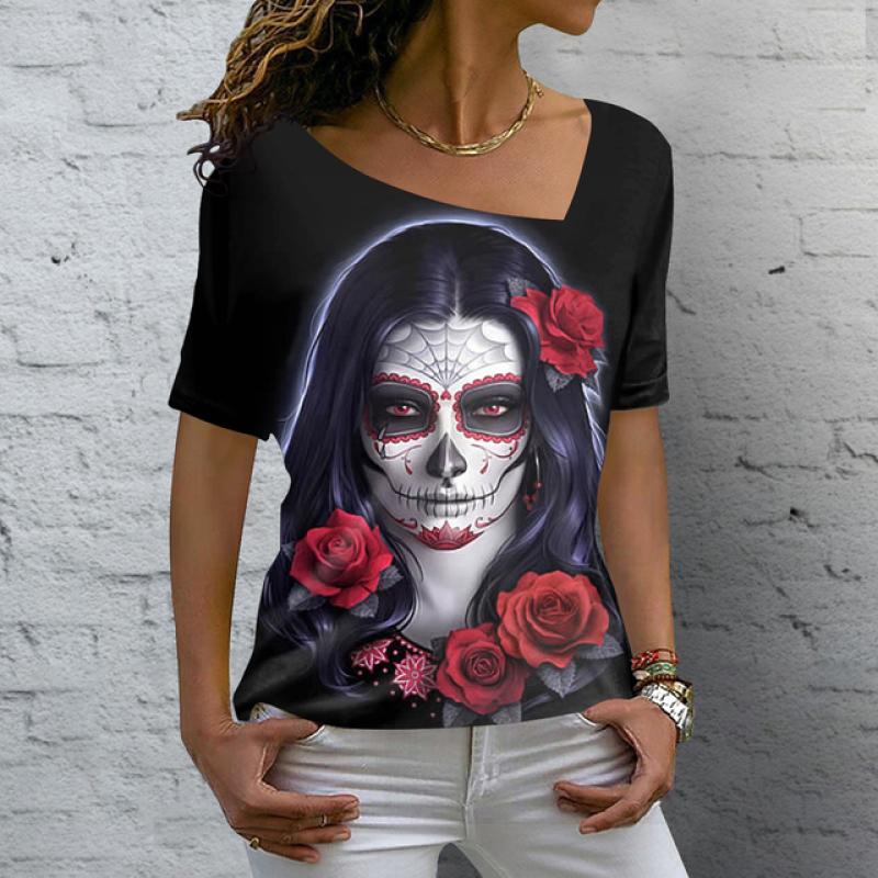 Лето 2023, винтажная женская футболка с изображением черепа, топы с v-образным вырезом, повседневный хлопковый пуловер с короткими рукавами, женская уличная одежда в стиле Харадзюку в стиле панк