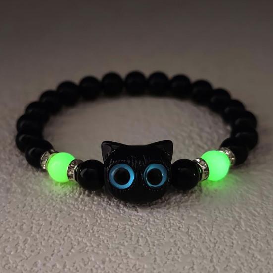 Светящийся браслет с изображением кошки, искусственный агат, гладкие бусины, стразы, декор, регулируемый браслет, светящийся на солнце, для ежедневной вечеринки, свидания