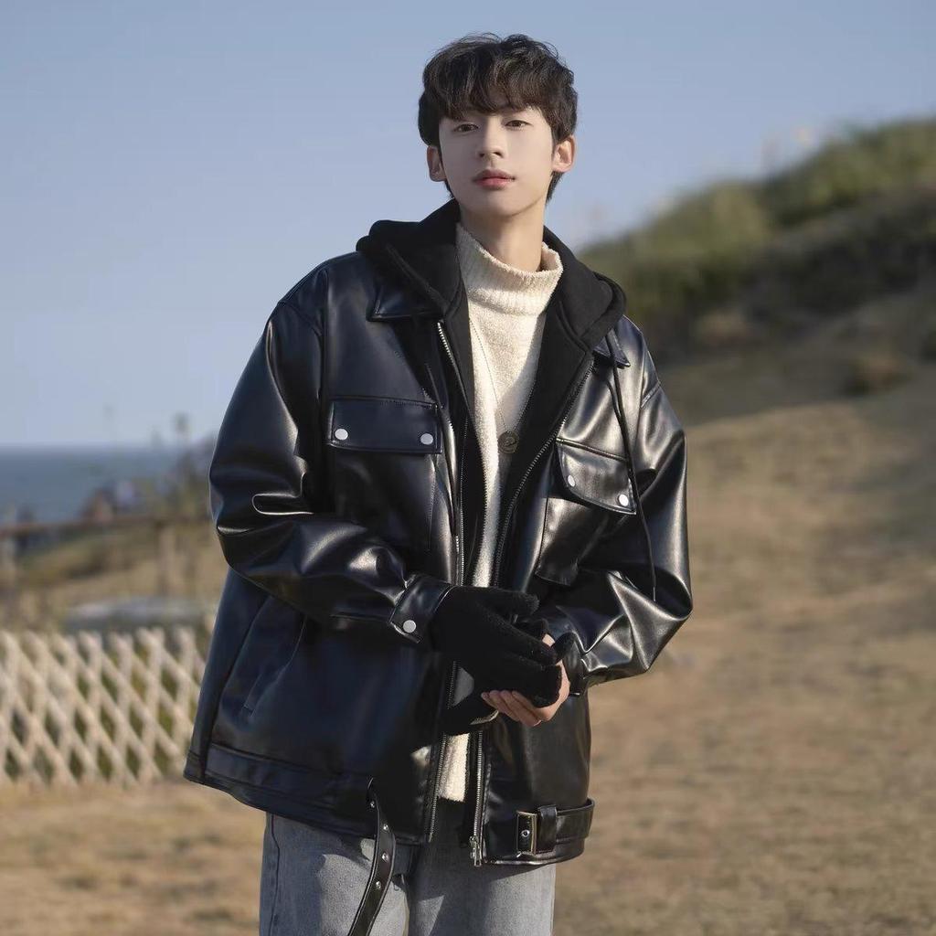 Мужская куртка с капюшоном из искусственной кожи в стиле ретро-американец для осени/зимы