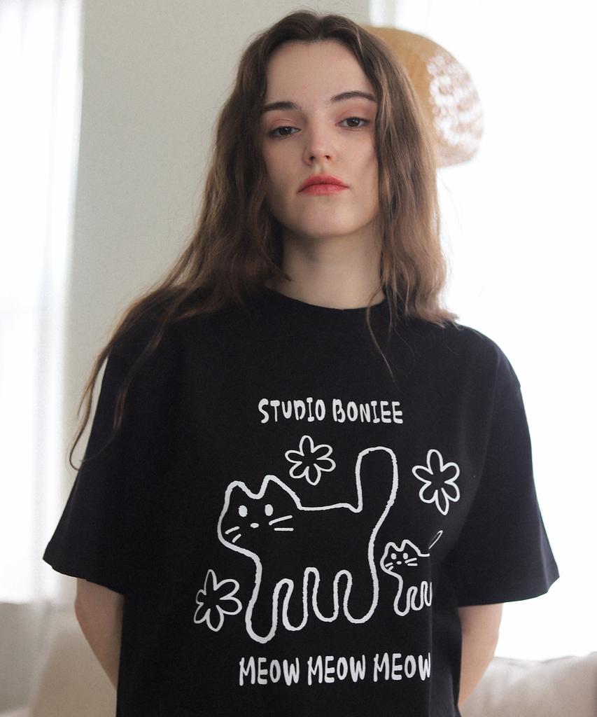 BONIEE Meow Cat Kitten Graphic Loose Oversized T-Shirt Black