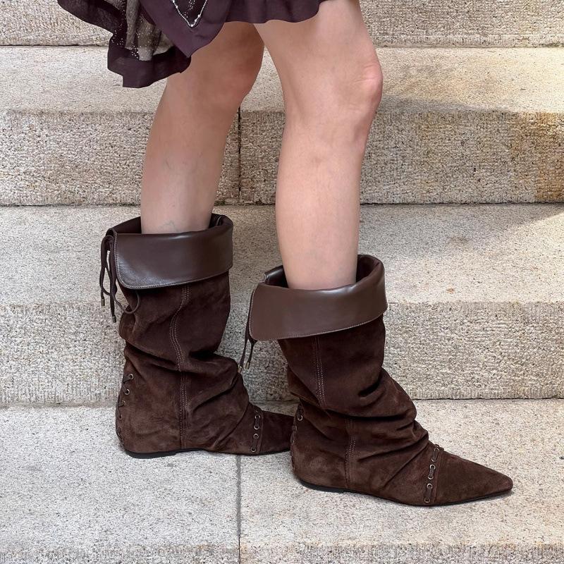 Lambskin~ New Inner Height-increasing Boots Pleated Knight Boots Women's Folding Two Wear Western Cowboy Boots Women's Boots