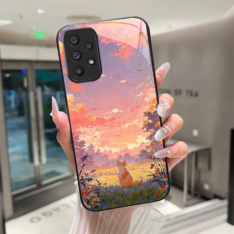 Cute Cartoon Cats Flower Case For Samsung Galaxy A52 A52S A72 4G 5G Tempered Glass Phone Case Protective Back Cover Hard Shell