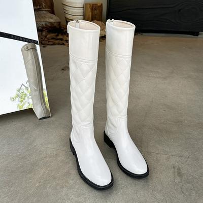 Версия из коровьей кожи ромбовидный узор круглый носок высокий голенище толстый каблук рыцарские сапоги женские но колено тонкие на плоской подошве сапоги женские