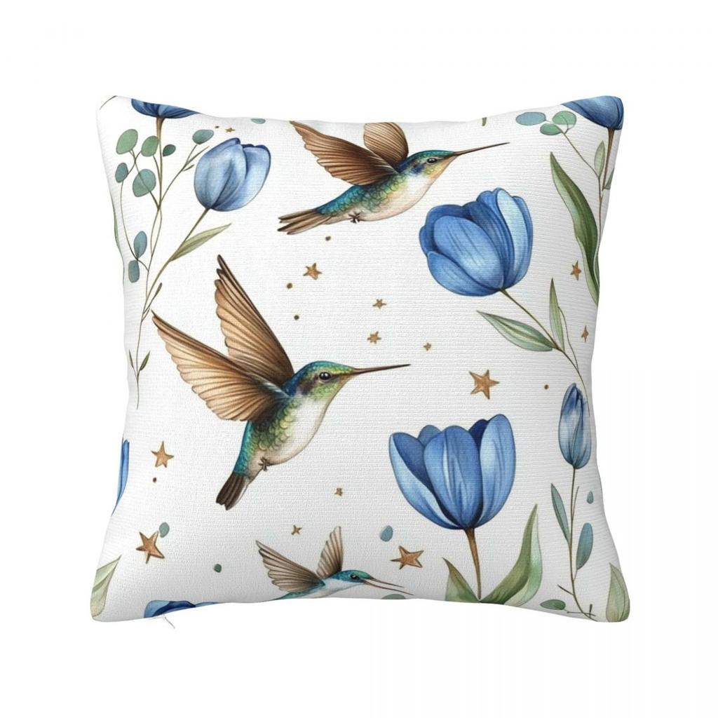 Tulips And Hummingbirds Square Pillowcase Pillow Cover Polyester Cushion Zip Decorative Comfort Throw Pillow for Home Car