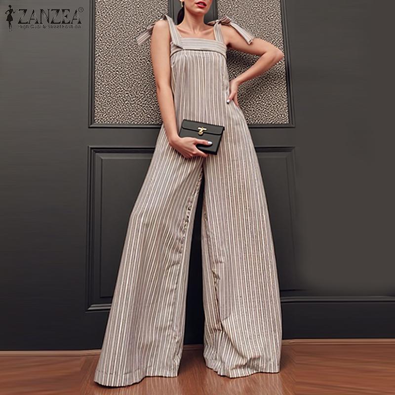 ZANZEA Womens Summer Lace Up Straps Sleeveless Stripe Wide Leg Jumpsuits
