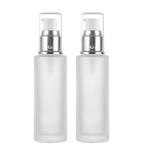 Frosted Glass Bottle: 120ml 2-Pack Refillable Cosmetic Container - Press Silver Pump Dispenser for Travel Home Skincare Storage