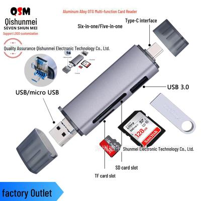 Многофункциональный картридер 6-в-1 из алюминиевого сплава для мобильных устройств, компьютеров, камер, карт TF/SD U