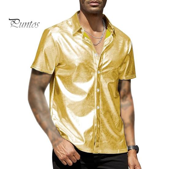 Мужская летняя рубашка с глянцевой поверхностью, отложным воротником, однобортный кардиган, свободная рубашка для вечеринок, повседневная одежда средней длины, топ