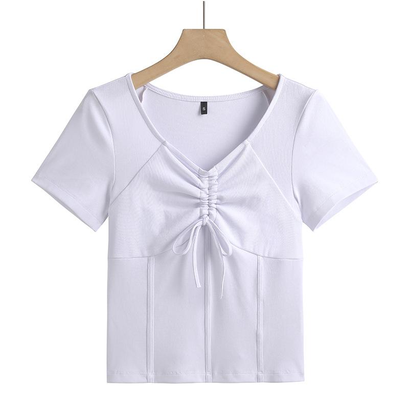 Women's Summer V-neck Drawstring Design Short-sleeved T-shirt Solid Color High Waist Small Shirt