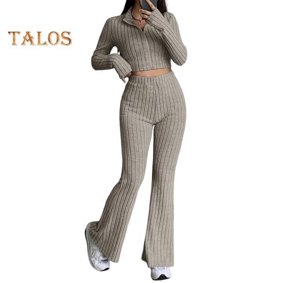 2 шт./комплект женский весенний наряд для поездок на работу топ расклешенные брюки комплект застежка-молния воротник стойка пальто высокая талия спортивный костюм эластичная повседневная одежда