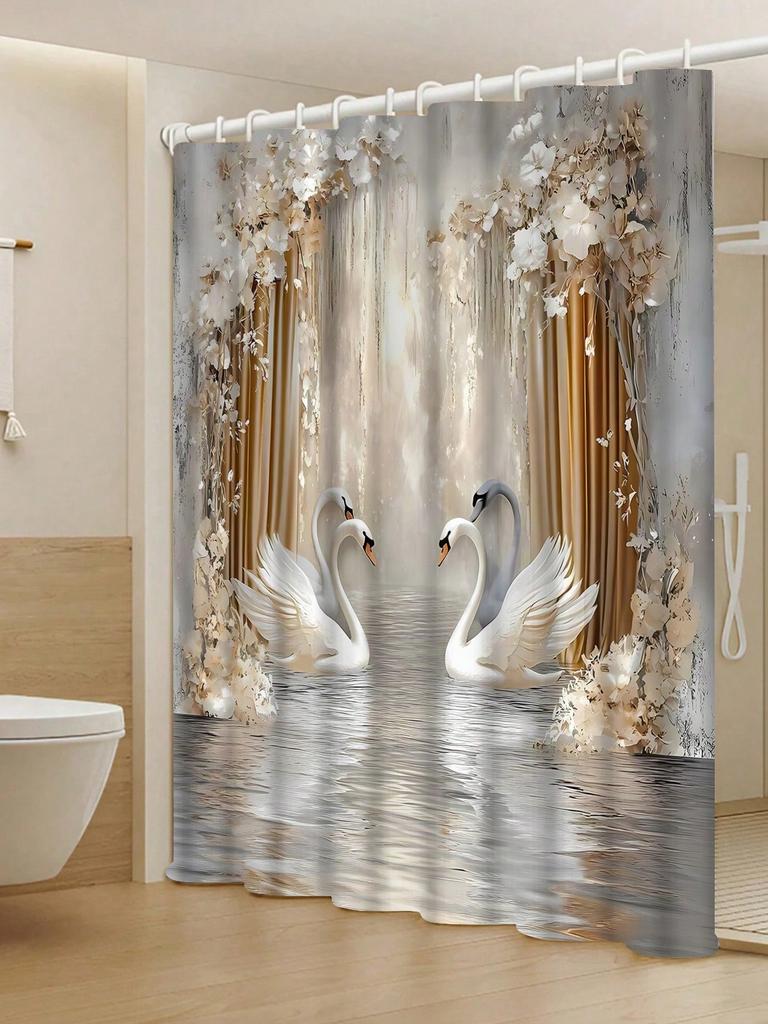 4 Pieces Swan Pattern Bathroom Suit, High End Elegant White Swan Design, Polyester Shower Curtain, Decorative Bath Mat