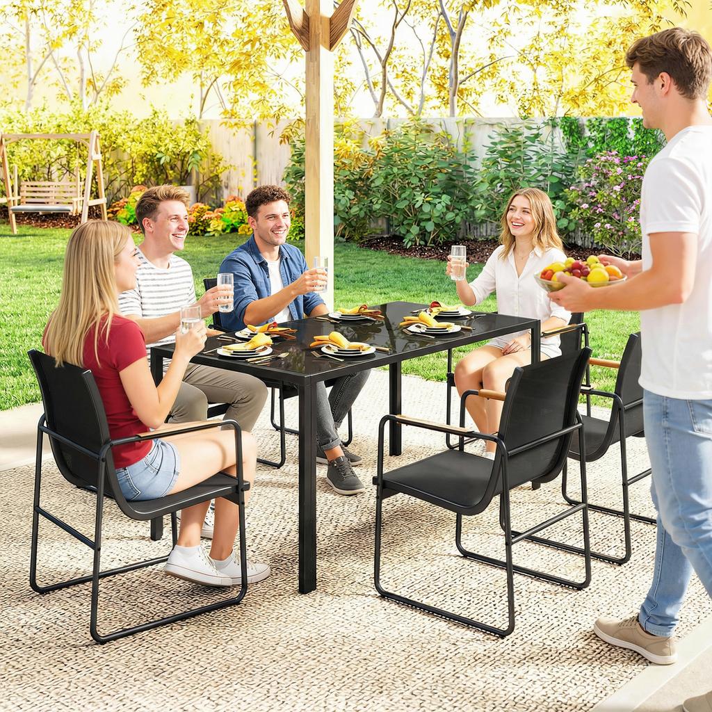 Outdoor Dining Set, 7-Piece, for 6 People, Glass Table, Chairs, Weather-Resistant Mesh, Black