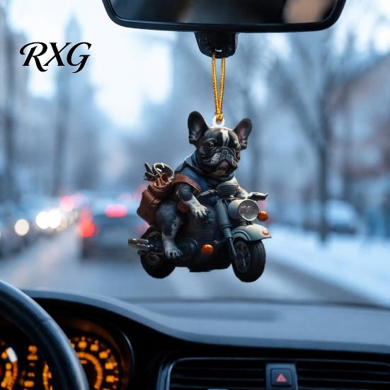 Lightweight Backpack Keychain Puppy Riding Motorcycle Car Pendant, 2D Flat Acrylic Rearview Holiday Gift for Dog Lovers Mirror Hanging Charm,