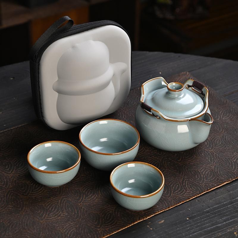 Ru Kiln Fulu Hand Grab Pot Travel Tea Set, Portable Ceramic Kuaike Cup Outdoor Kung Fu Tea Set Souvenir