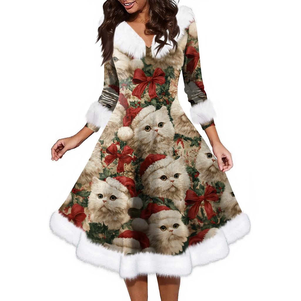 Женское модное повседневное платье с v-образным вырезом и рождественским принтом для вечеринки с длинными рукавами