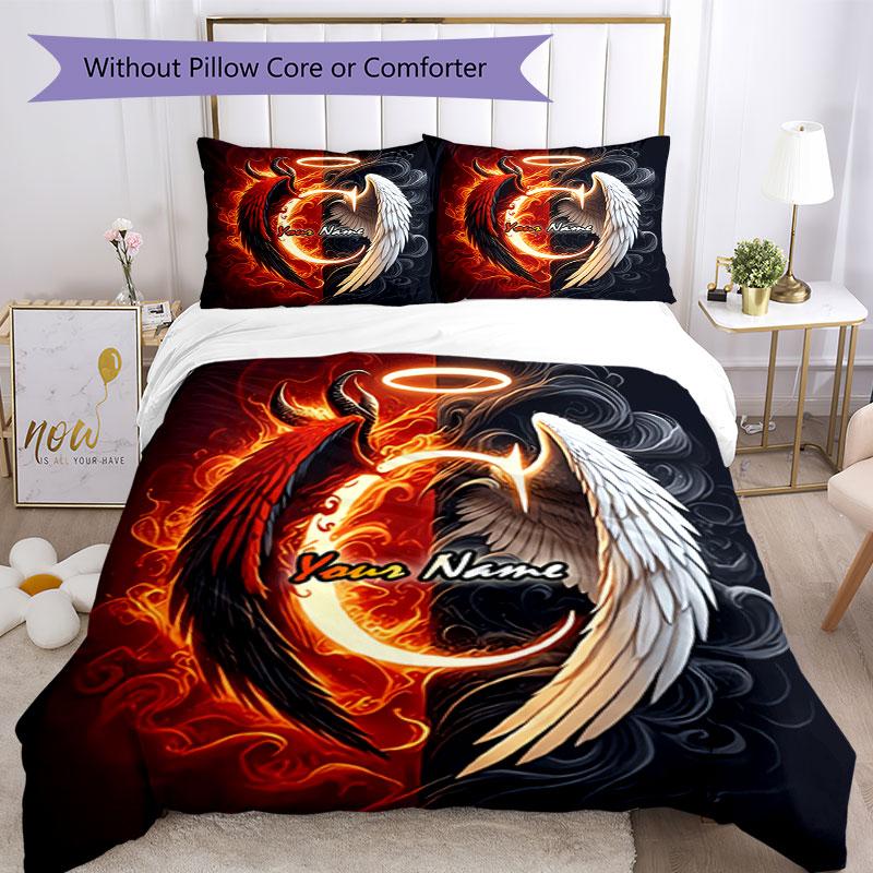 3pcs Custom Name Angel Demon Wings Bedding Set Printed Bedding Set Duvet Cover Closure Includes 1 Duvet Cover & 2 Pillowcases Bedroom Decor