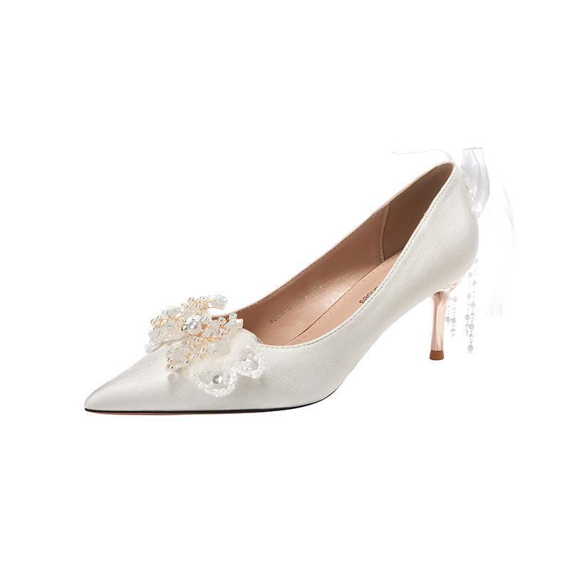 White Satin Stiletto Heels with Rhinestone Bow for Weddings and Banquets