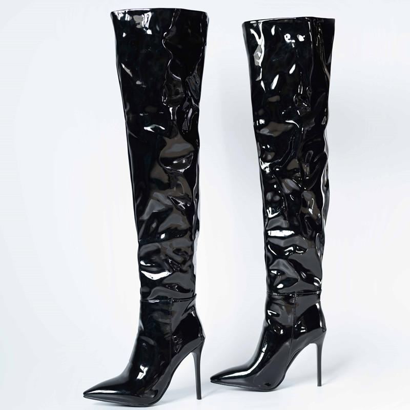 Высокие сапоги женские из лакированной кожи, сексуальные зимние высокие длинные туфли для вечеринок, женские, 2024, новые тенденции, черные сапоги выше колена