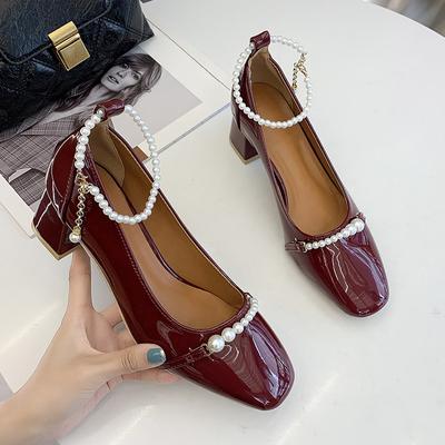 2024 новые туфли-лодочки Pearl на каблуках Mary Jane, женские повседневные туфли на толстом каблуке с квадратным носком, маленькие кожаные туфли, универсальные, осенние