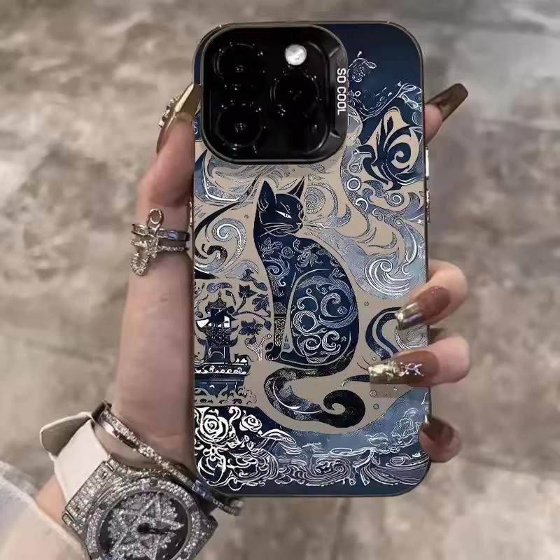 Ретро Чехол для телефона IPhone 16 Pro с кошкой, 15 Лазерный Чехол, 14 Apple 12 Ударопрочный, 11Xs Max Жесткий Высококачественный Чехол для телефона