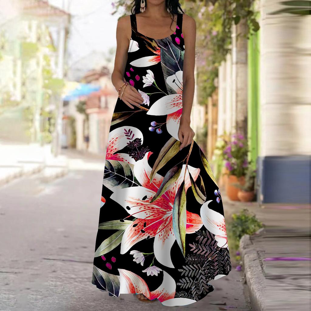 Женское платье-комбинация Длинное платье макси Красное платье с цветочным принтом Весна и лето Для отдыха и отпуска