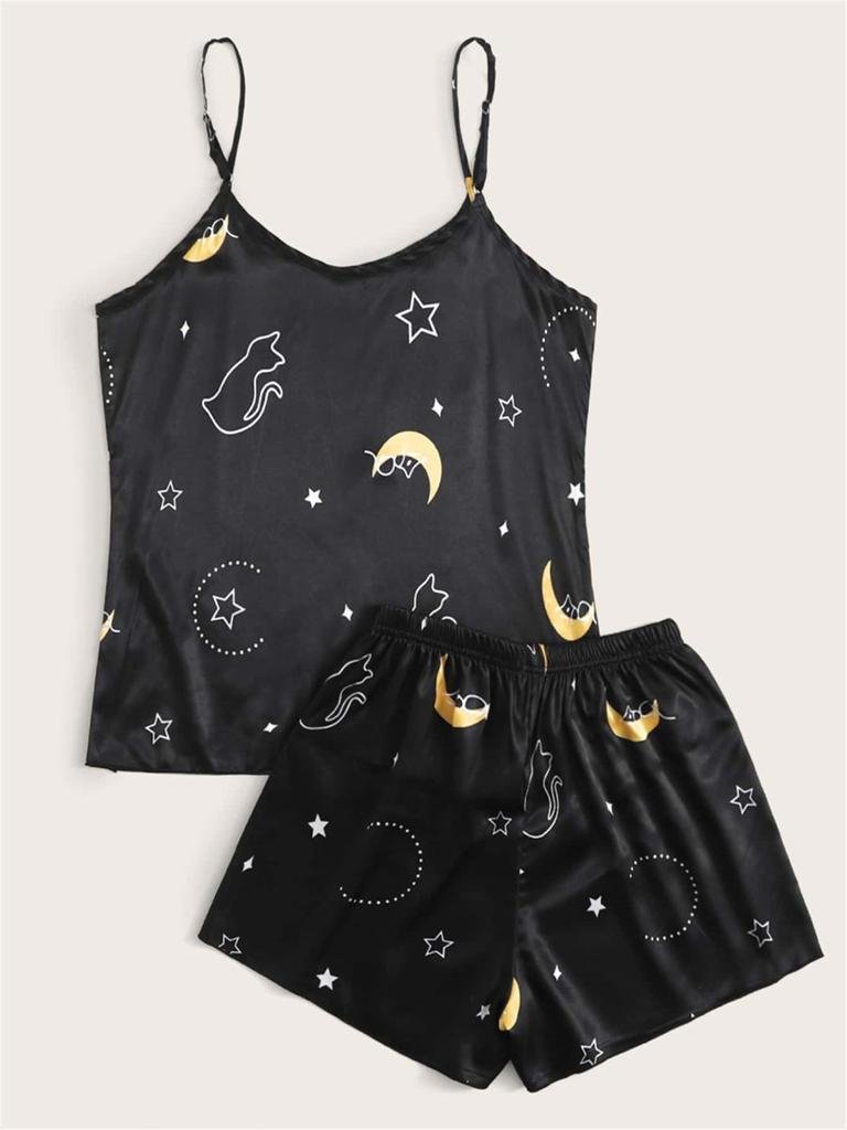 European and American Style Women's Sexy Satin Loungewear Two Piece Camisole and Shorts Pajamas Set Summer Fashion Printed  Homewear