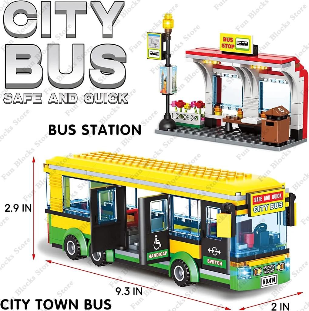 Hot City Car Yellow Passenger School Bus Station Public Vehicle Sets Figures Bricks Model Building Blocks Diy Toys For Boys Gift