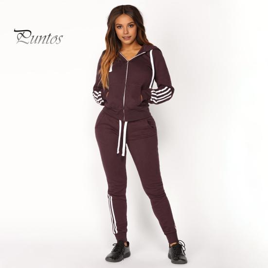 2 Pcs/Set Women Hoodie Pants Suit Hooded Long Sleeves Solid Color Zip-up Coat Elastic High Waist Ankle-banded Trousers Sport Fall Winter Tracksuit