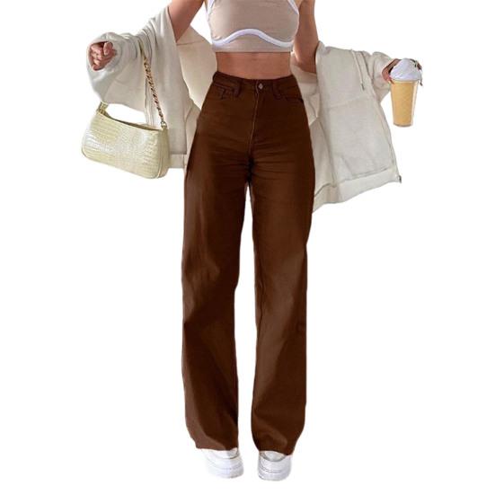 Women Jeans with Pockets High Waist Button Zipper Closure Straight Pants Solid Color Vintage American Style Denim Trousers for Daily Wear Scool