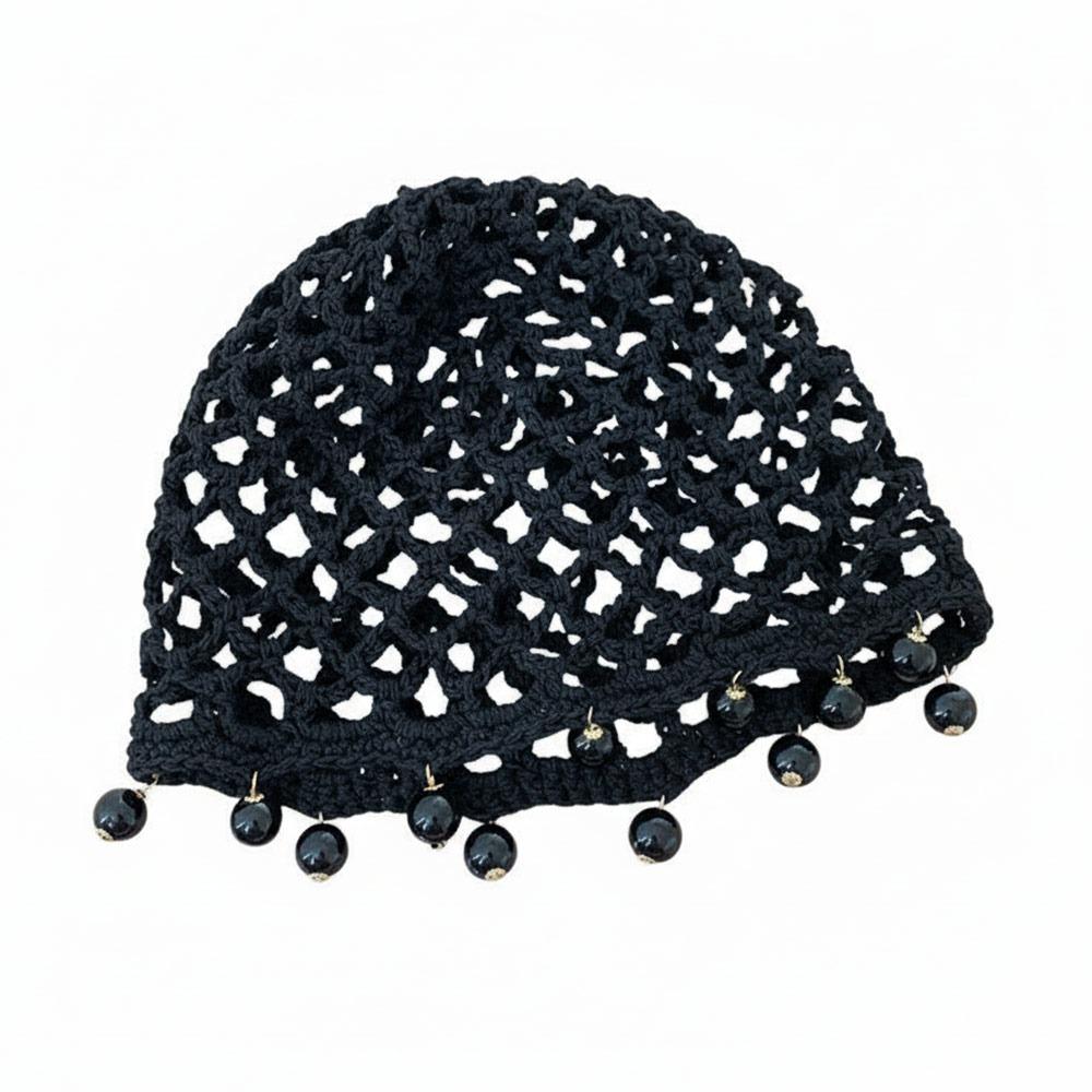 Breathable Hollowed Out Knitted Hat Round Beads Pearl Fringed Crochet Hat Handmade Beret Cap Fashion Headwear